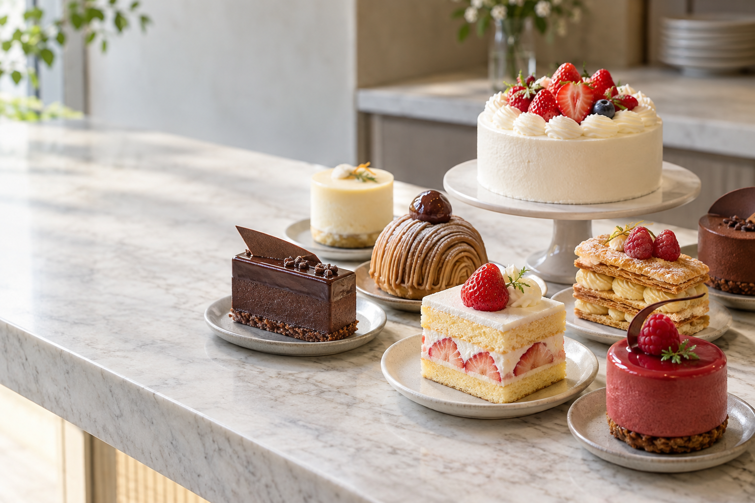 ショートケーキやチョコレートケーキが並ぶパティスリーのカウンター